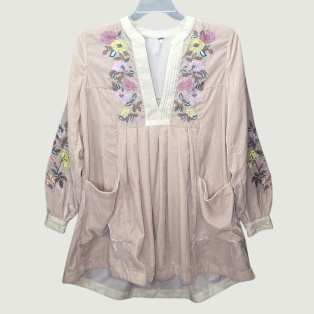 Free People Mia Embroidered Velvet Mini Dress in Beige — Size XS (Oversized Fit) - Picture 3 of 8